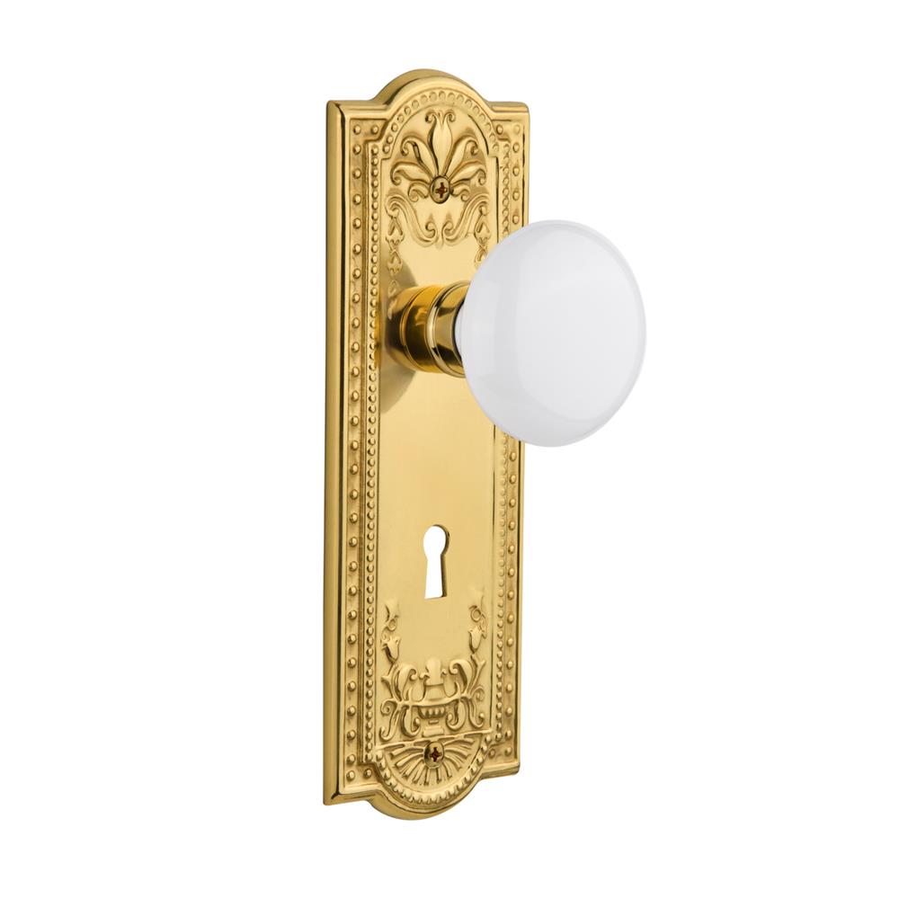 Nostalgic Warehouse MEAWHI Mortise Meadows Plate with White Porcelain Knob and Keyhole in Polished Brass